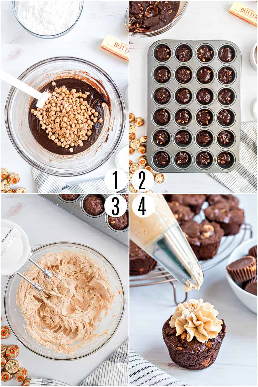 Step by step photos showing how to make peanut butter brownie bites.