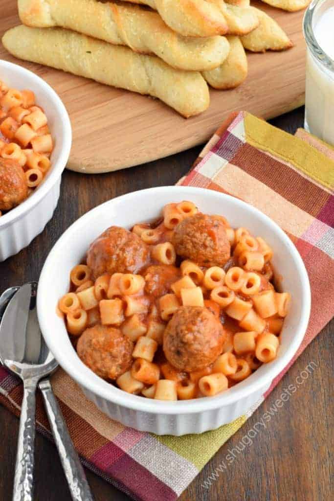 Easy, Homemade Spaghettios and Meatballs made in the slow cooker. This crockpot recipe is delicious enough for kids AND adults!