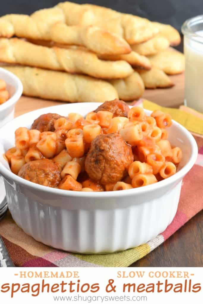 Easy, Homemade Spaghettios and Meatballs made in the slow cooker. This crockpot recipe is delicious enough for kids AND adults!