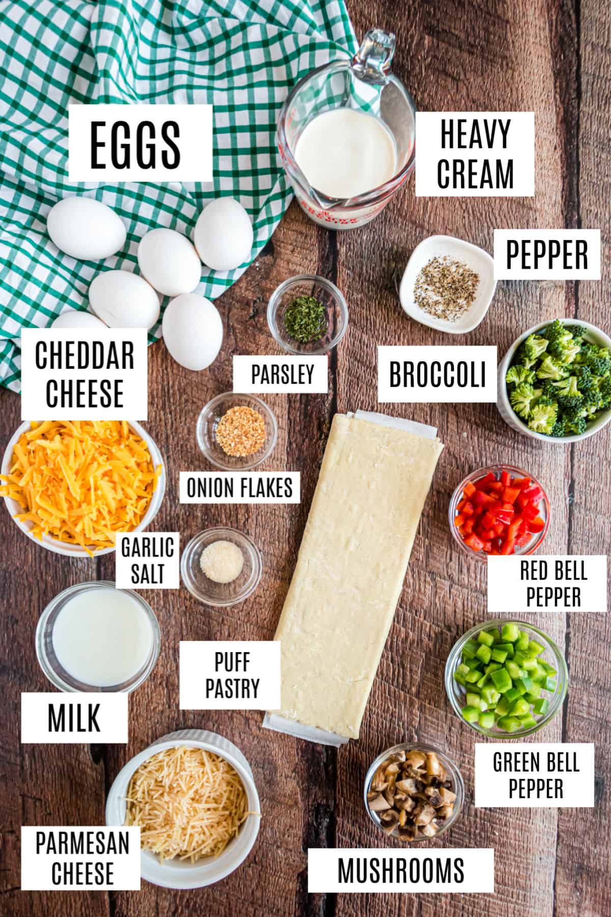 Ingredients needed for vegetable quiche recipe.