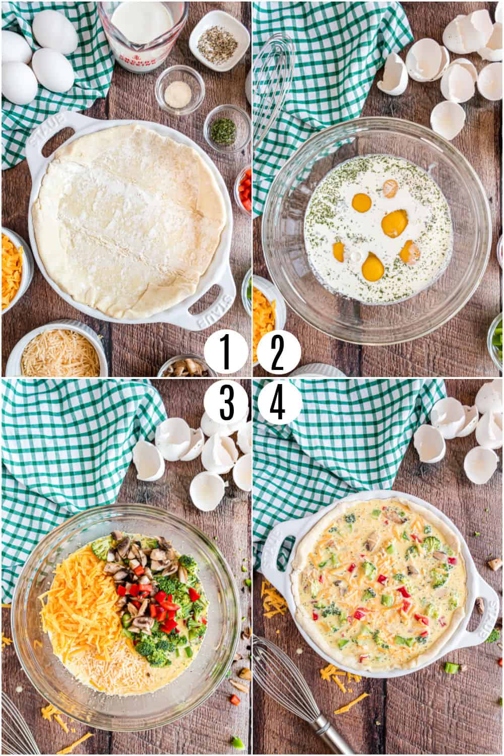 Step by step photos showing how to make a vegetable quiche in a pie plate.