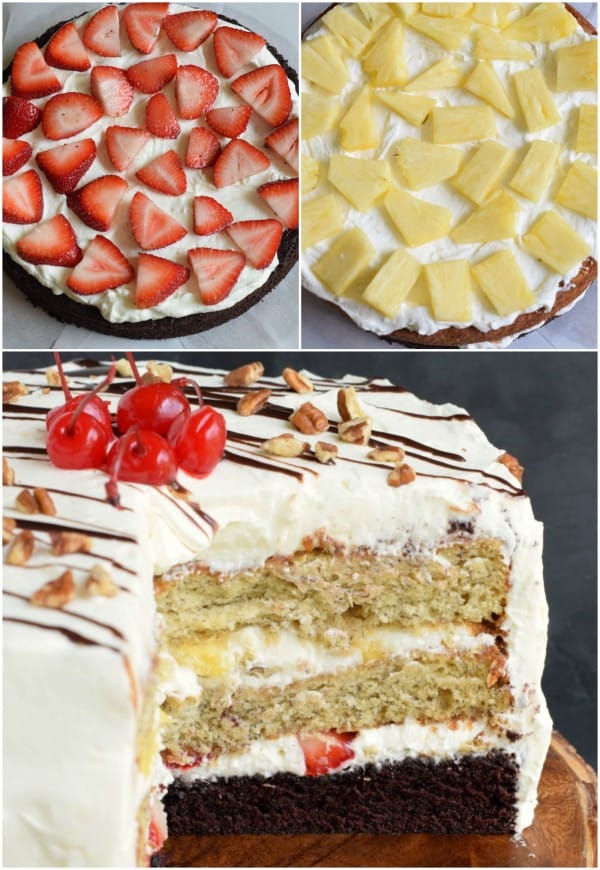 Banana Split Cake: layers of chocolate cake, banana cake, fresh fruit and whipped cream frosting for an ultimate, decadent cake recipe!