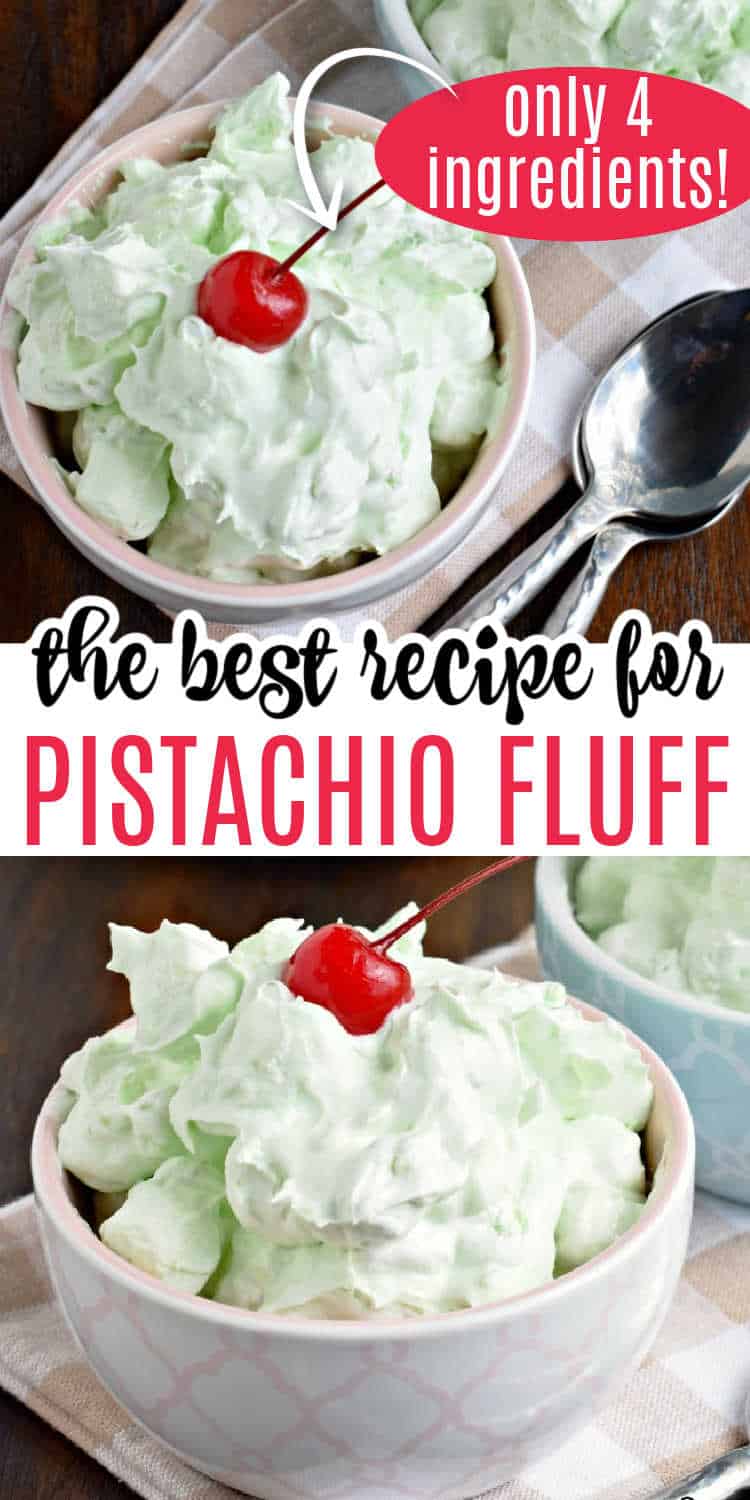 A bowl of pistachio fluff salad topped with a cherry, next to a spoon; text: Only 4 ingredients! Pistachio Fluff.