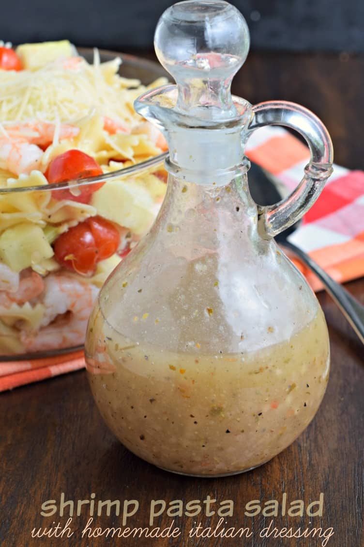 Simple Shrimp Pasta Salad with a homemade Italian dressing. Perfect for lunch, dinner or potlucks!