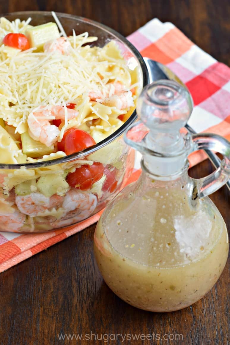 Simple Shrimp Pasta Salad with a homemade Italian dressing. Perfect for lunch, dinner or potlucks!