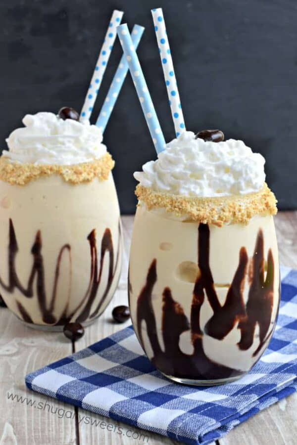 S'mores Coffee Milkshake: made with vanilla ice cream, brewed coffee, marshmallow and grahams in a stemless wine glass.