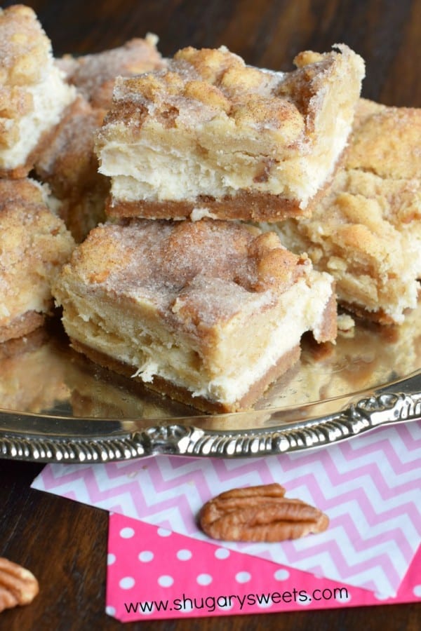 Snickerdoodle Cheesecake Bars: delicious sweet and salty crust, creamy cheesecake filling topped with a cinnamon sugar pecan cookie! #thinkfisher