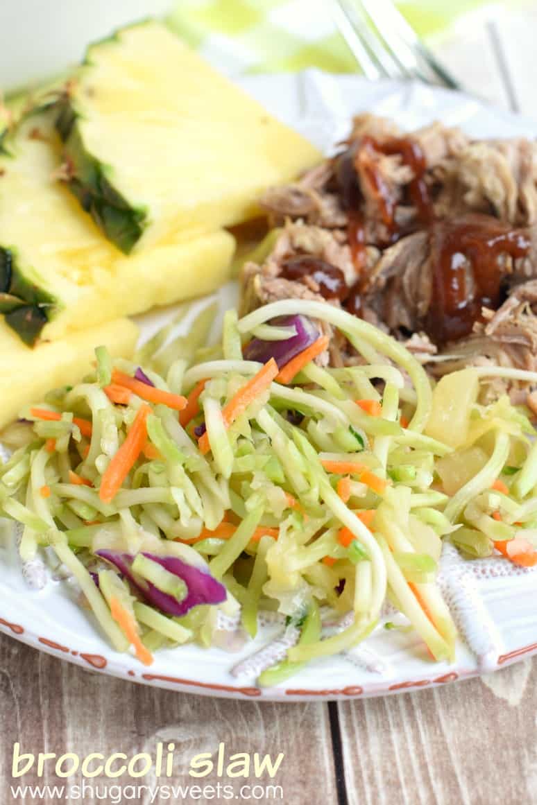 This sweet vinegar Broccoli Slaw is the perfect pairing to your meal. Serve with my favorite shredded Kalua Pork!
