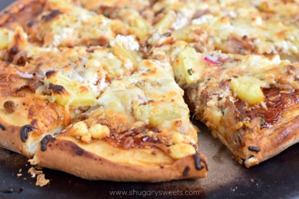 Delicious Hawaiian Pizza using Kalua Pork, goat cheese, bbq sauce and more! Even the crust is easy to make for this incredible dinner idea!
