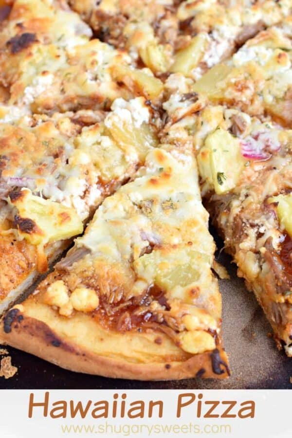 Delicious Hawaiian Pizza using Kalua Pork, goat cheese, bbq sauce and more! Even the crust is easy to make for this incredible dinner idea!