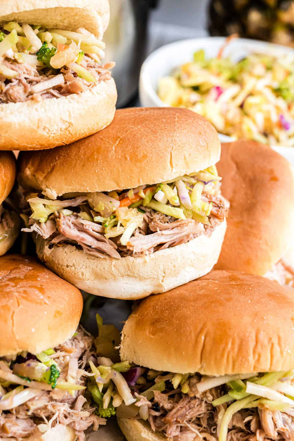 Pulled pork and coleslaw on slider buns.