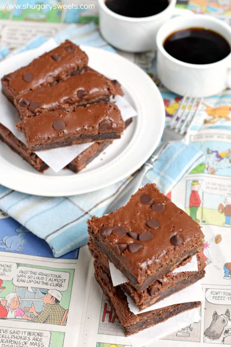 Buttermilk brownies cut into squares and rectangles for serving with coffee.