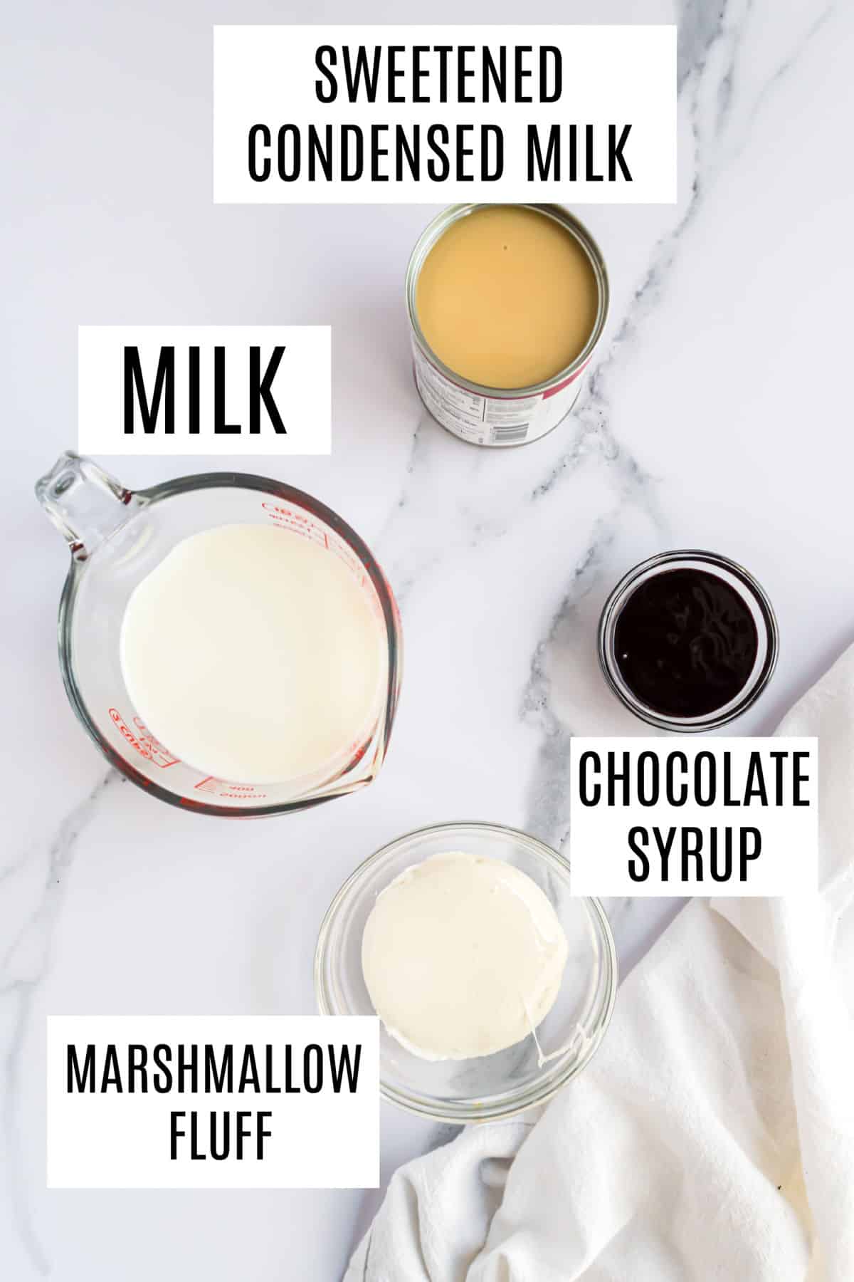 Ingredients needed to make chocolate marshmallow coffee creamer.