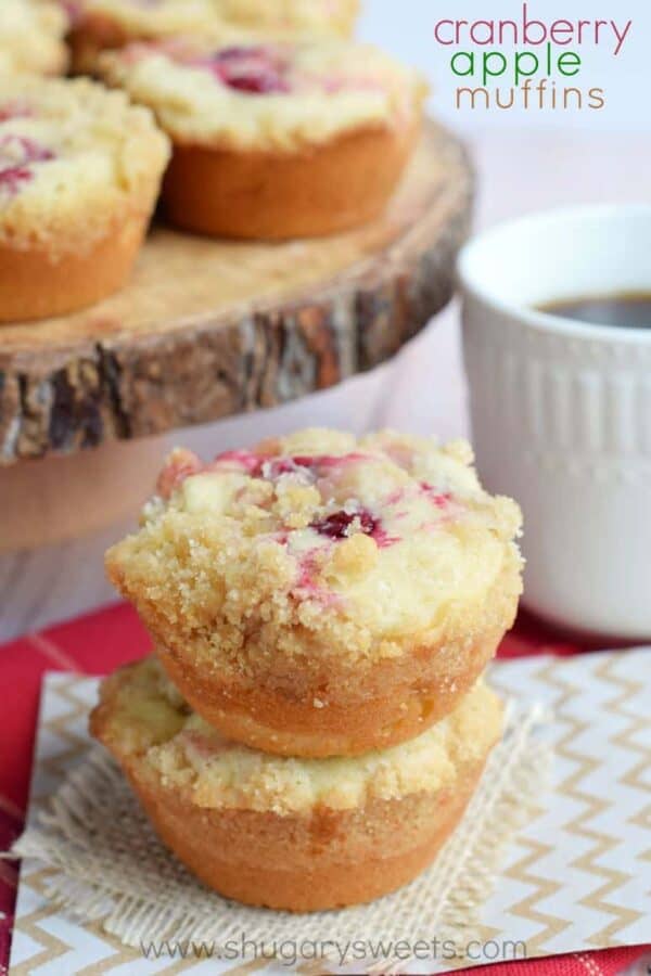 Perfectly moist and flavorful Cranberry Apple Muffins. Topped with a buttery streusel, these are great for breakfast, or store them in the freezer for later!!