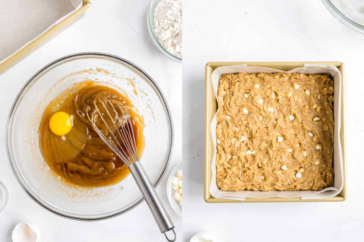 A bowl with macadamia nut blondie batter and an egg beside a pan filled with unbaked macadamia nut blondies and white chocolate chips.