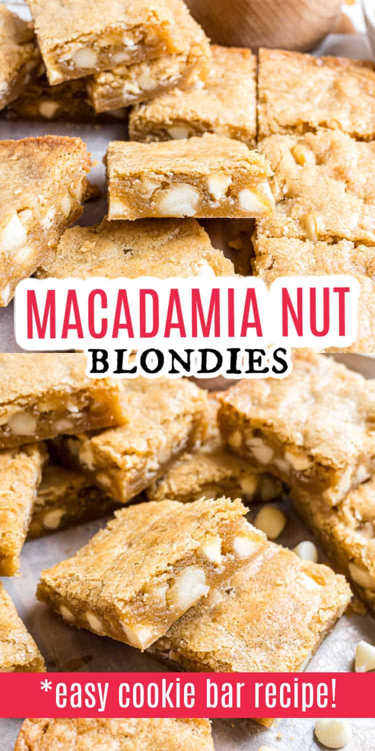 Squares of macadamia nut blondies are stacked on a surface, with white chocolate chips peeking through each chewy bar.