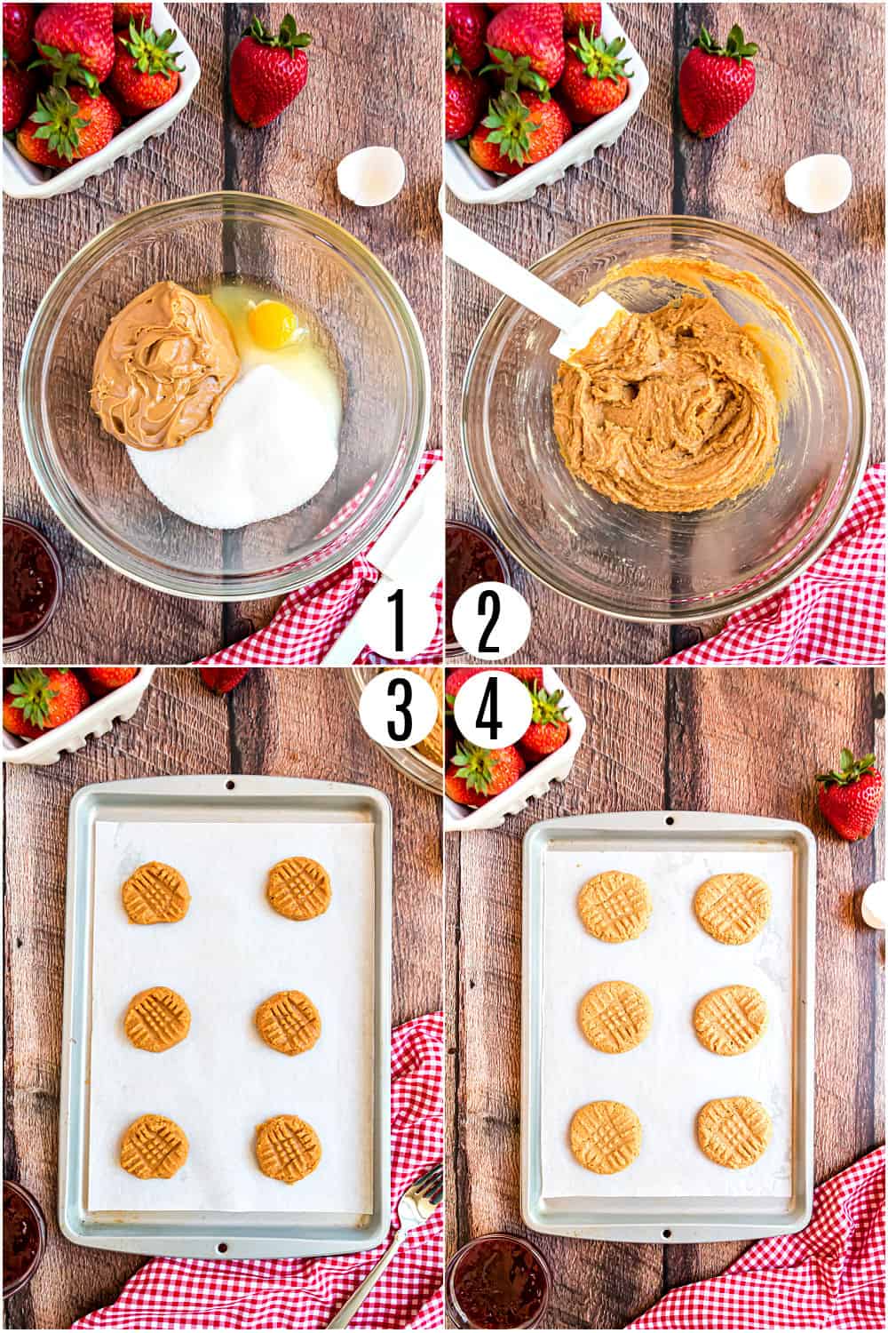 Step by step photos showing how to make peanut butter and jelly cookies.