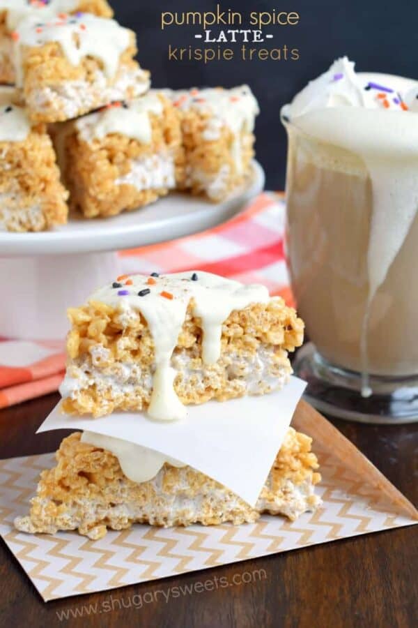 Chewy Pumpkin Spice Latte Krispie Treats with all the delicious fall flavors. And a pinch of espresso for good measure!