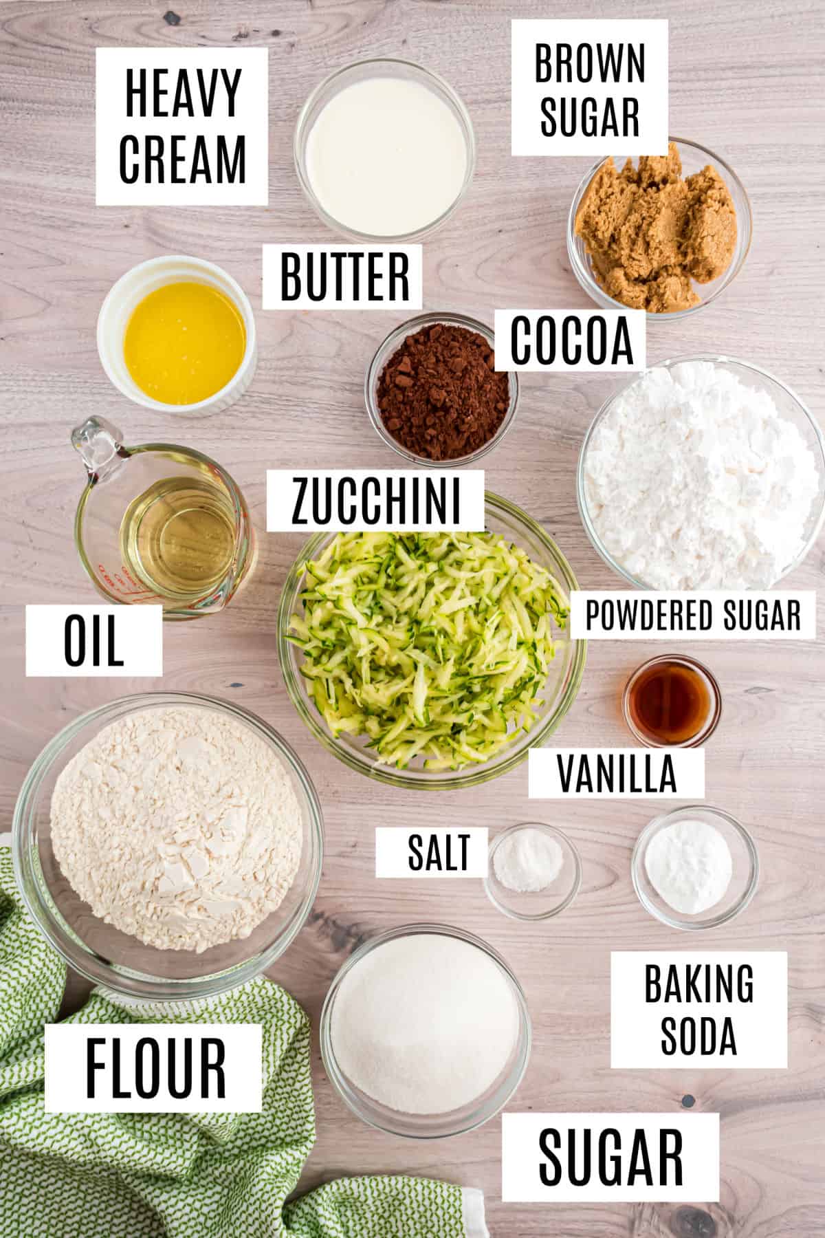 Ingredients needed for chocolate zucchini brownies.