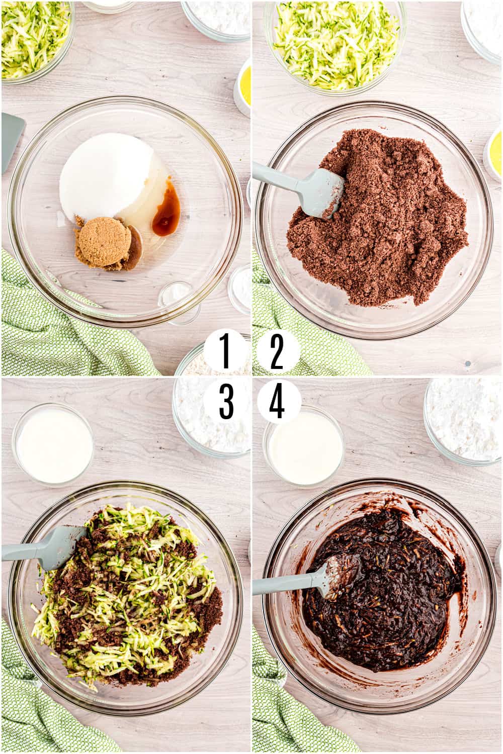 Step by step photos showing how to make double chocolate zucchini brownies.