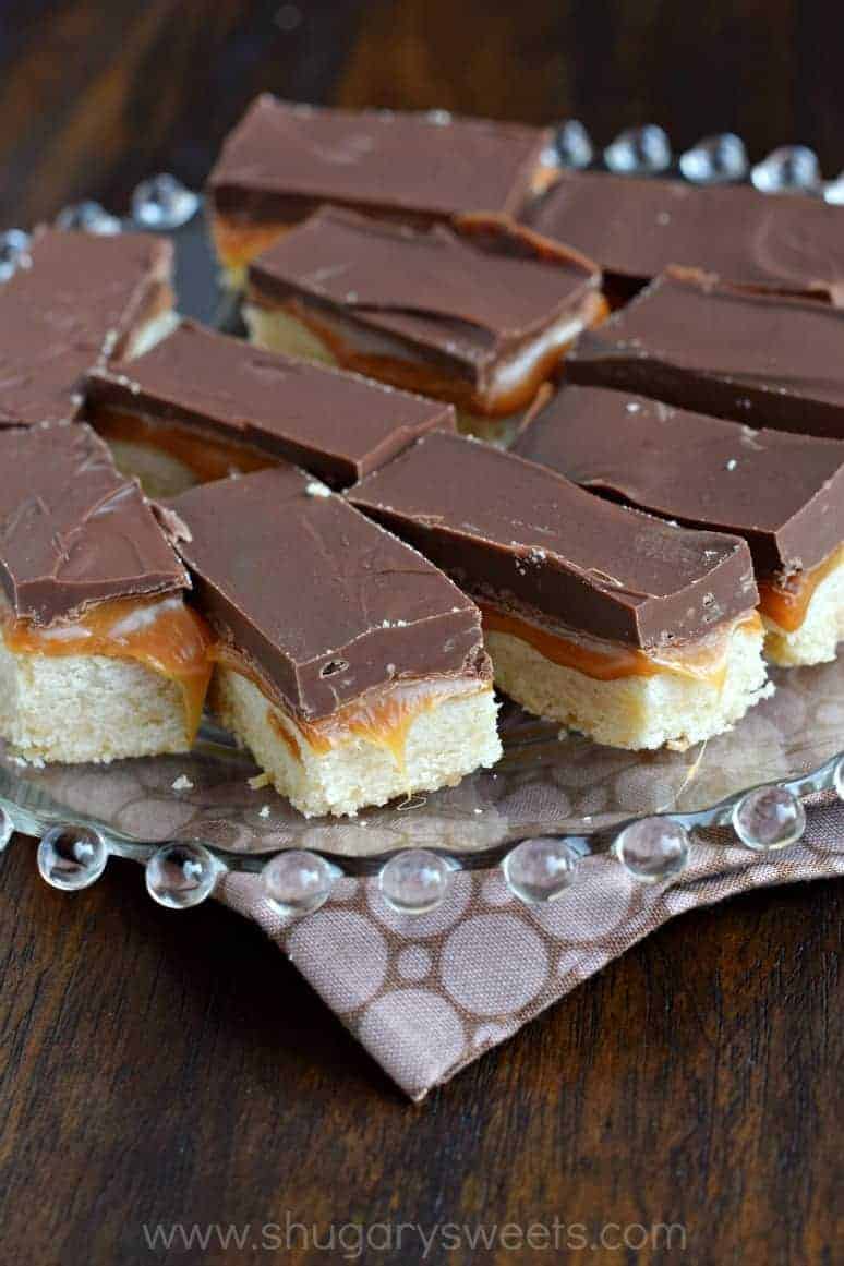 Glass plate with homemade twix bars.