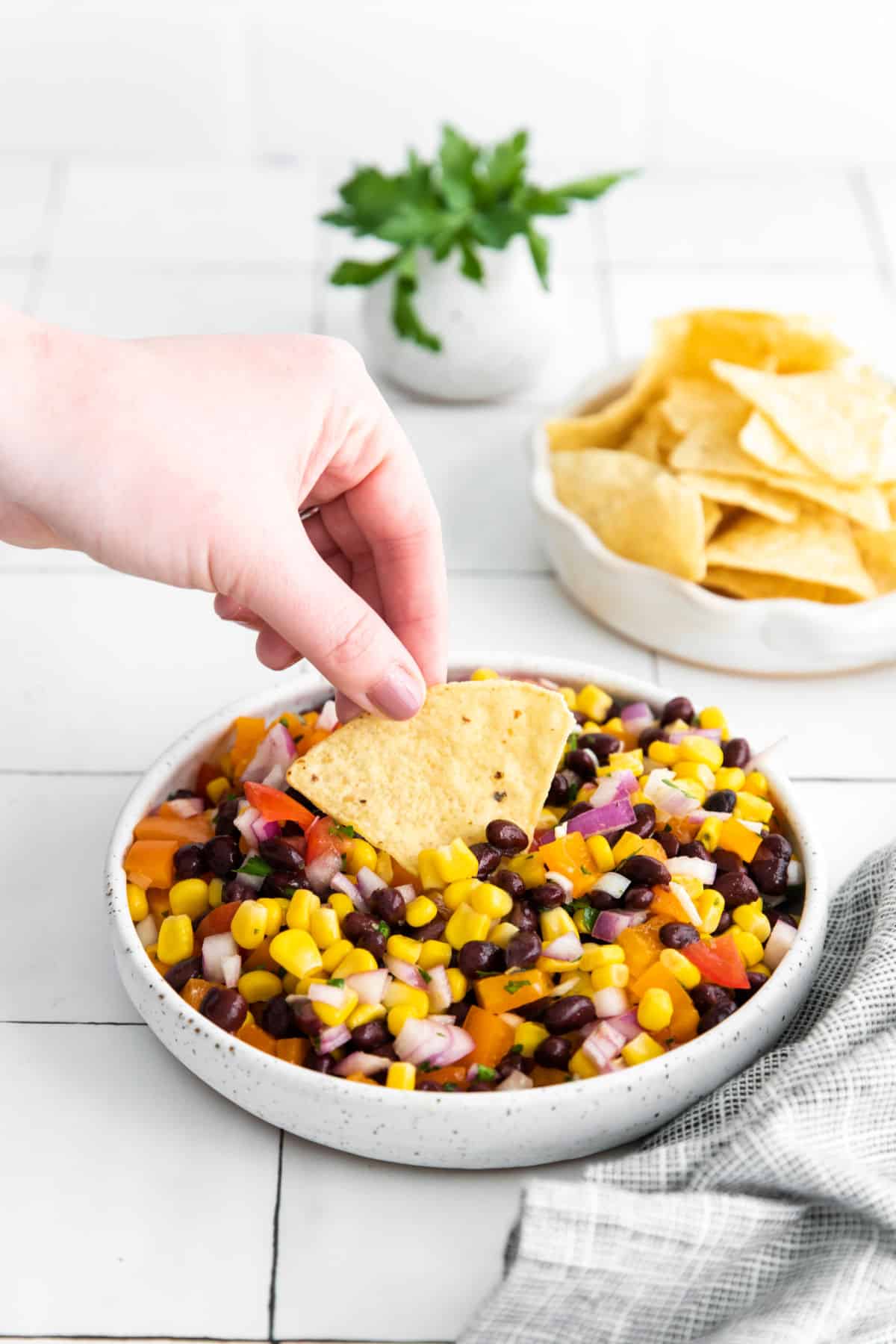 Corn and black bean salsa in a bowl with a tortilla chip being dipped.