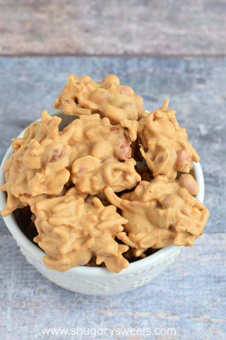 White bowl with butterscotch cookies.