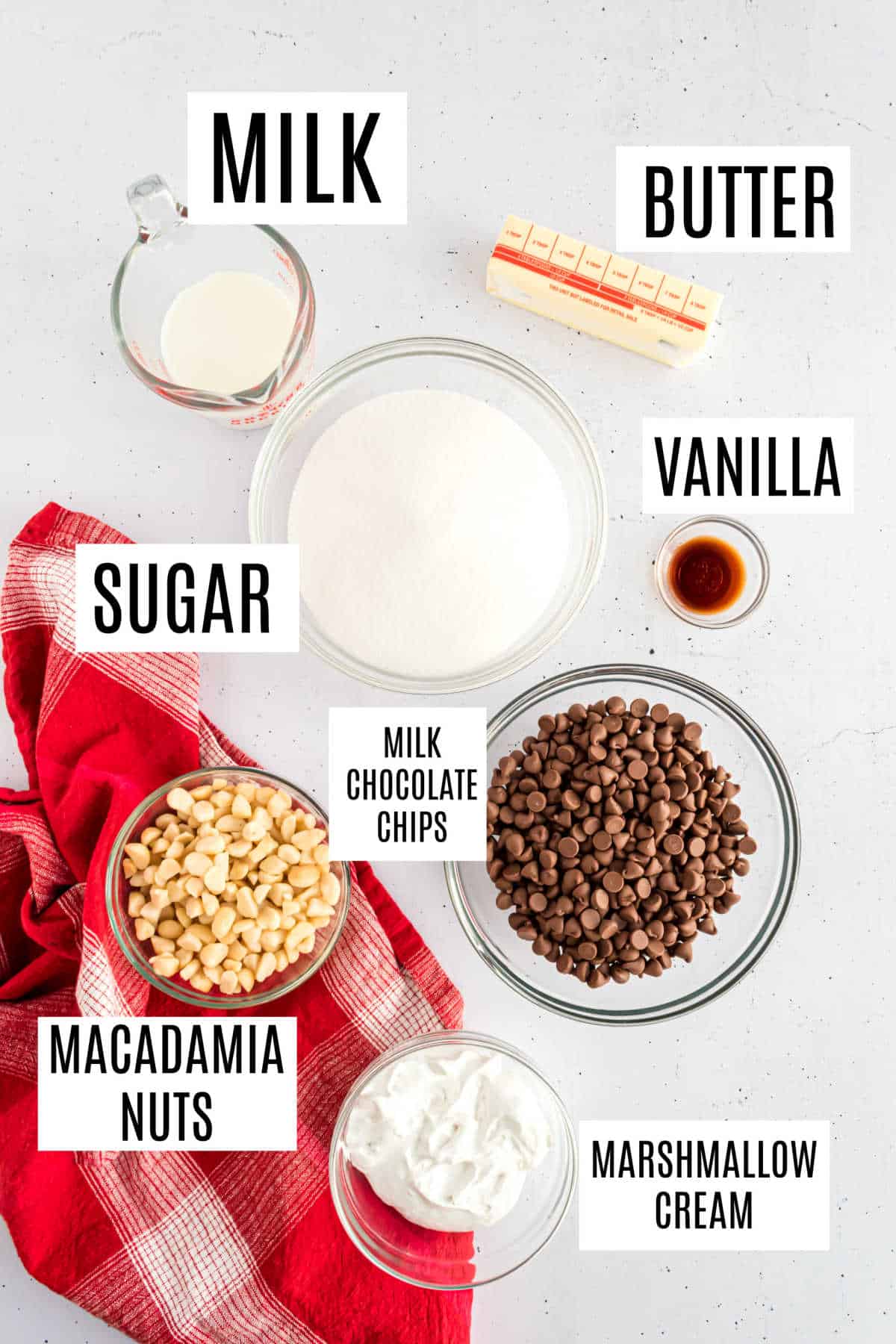 Ingredients needed to make macadamia nut fudge.