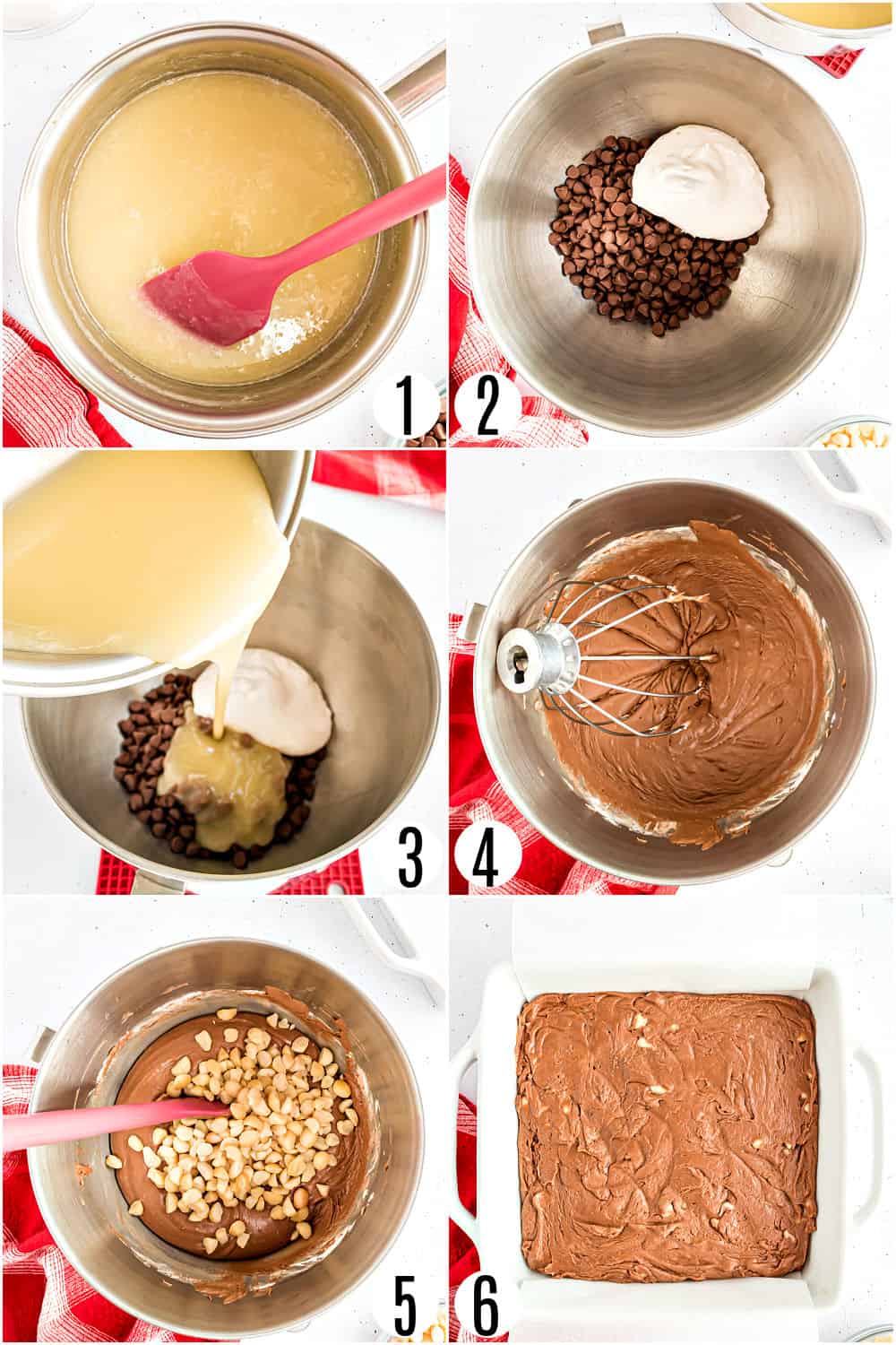 Step by step photos showing how to make macadamia nut fudge without a candy thermometer.