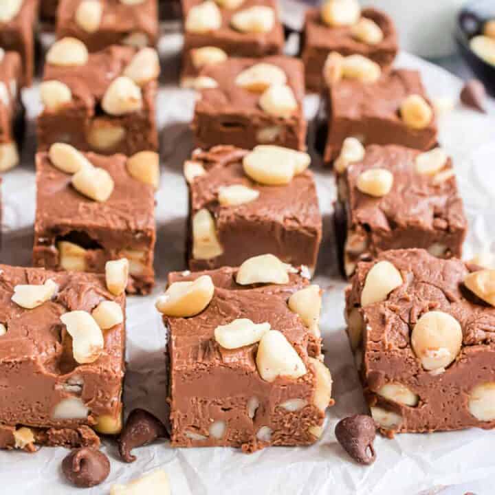 Macadamia Nut Fudge is a rich, decadent, and silky smooth chocolate treat. Add a little crunch from macadamia nuts and you have a homemade fudge worth raving about!