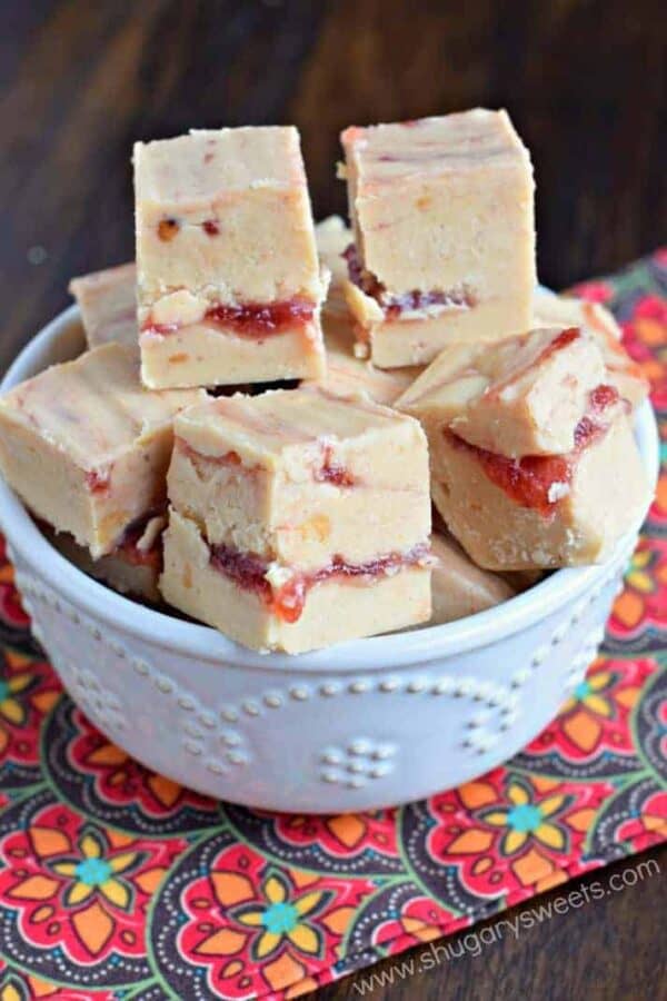 You're going to love this Peanut Butter and Jelly Fudge. Creamy peanut butter fudge (or crunchy if you use crunchy PB) with a thick swirl of jelly inside!
