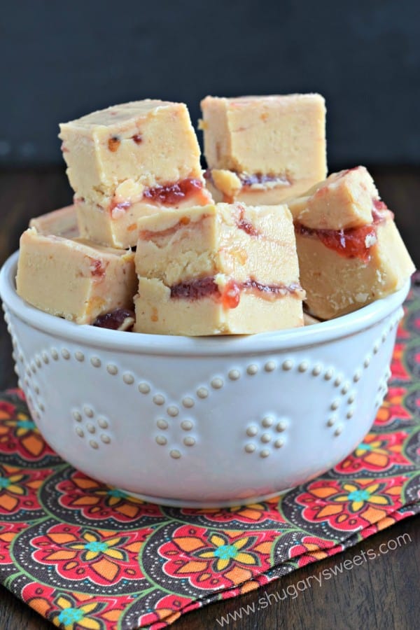 You're going to love this Peanut Butter and Jelly Fudge. Creamy peanut butter fudge (or crunchy if you use crunchy PB) with a thick swirl of jelly inside!