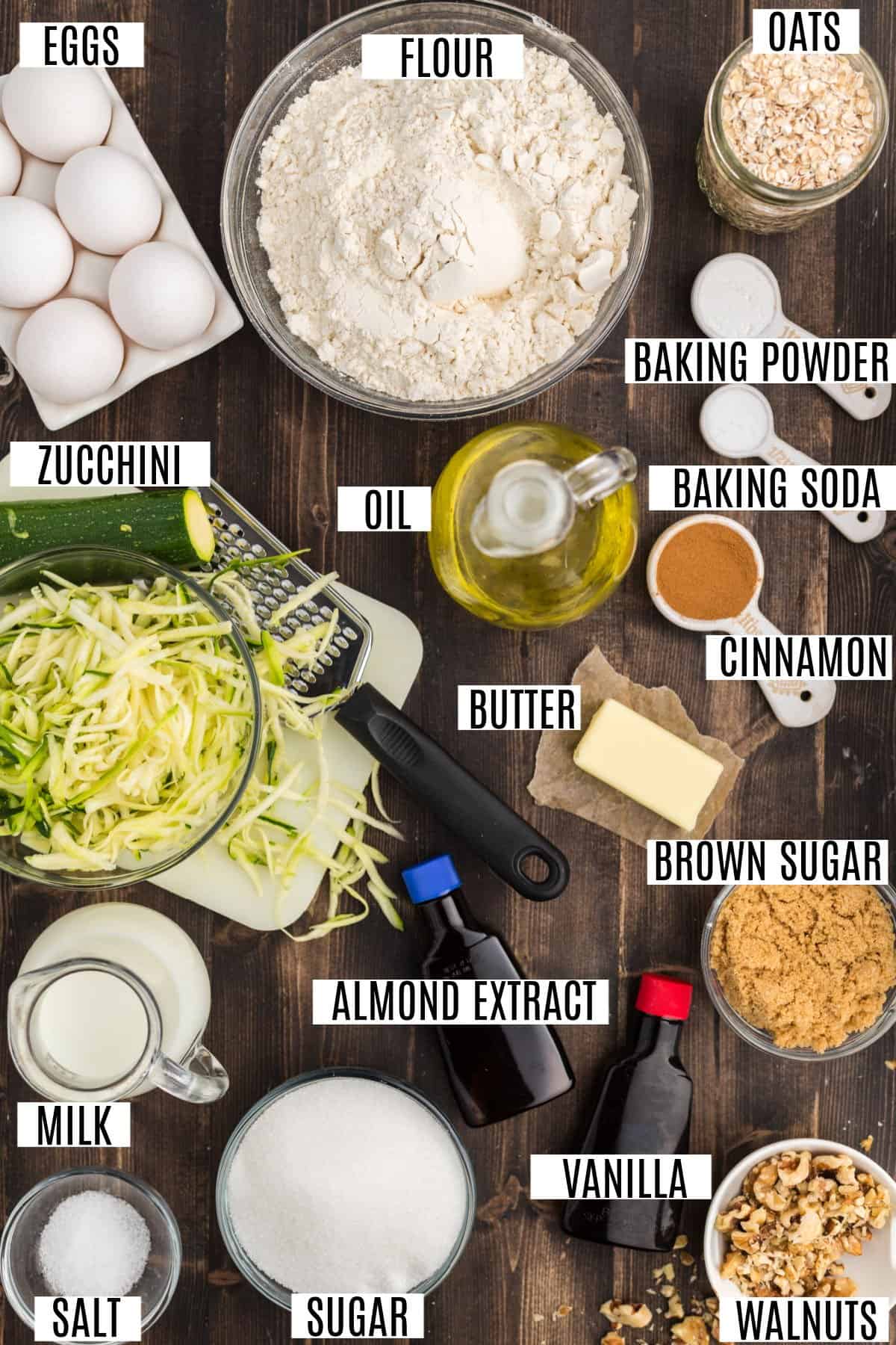 Ingredients needed to make zucchini bread.