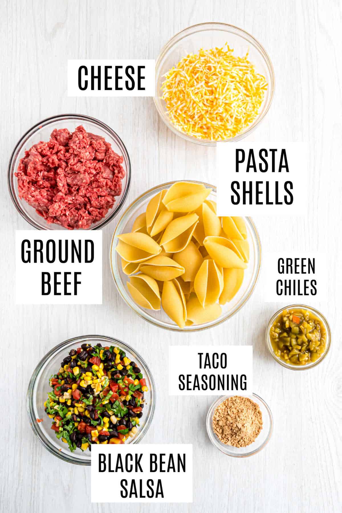 Ingredients needed to make taco stuffed pasta shells.