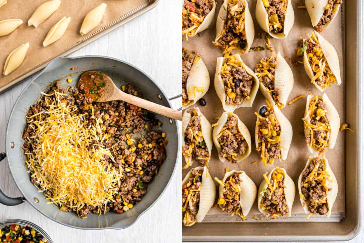 Step by step photos showing how to make taco stuffed pasta shells.