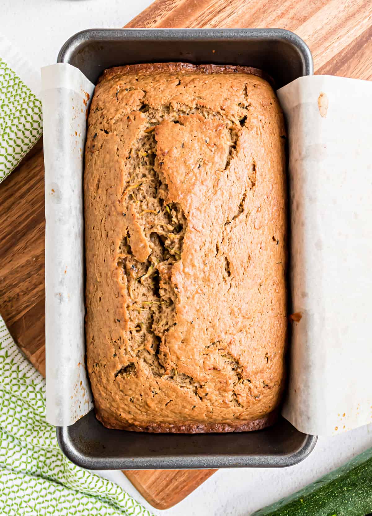 Zucchini bread in a loaf pan.