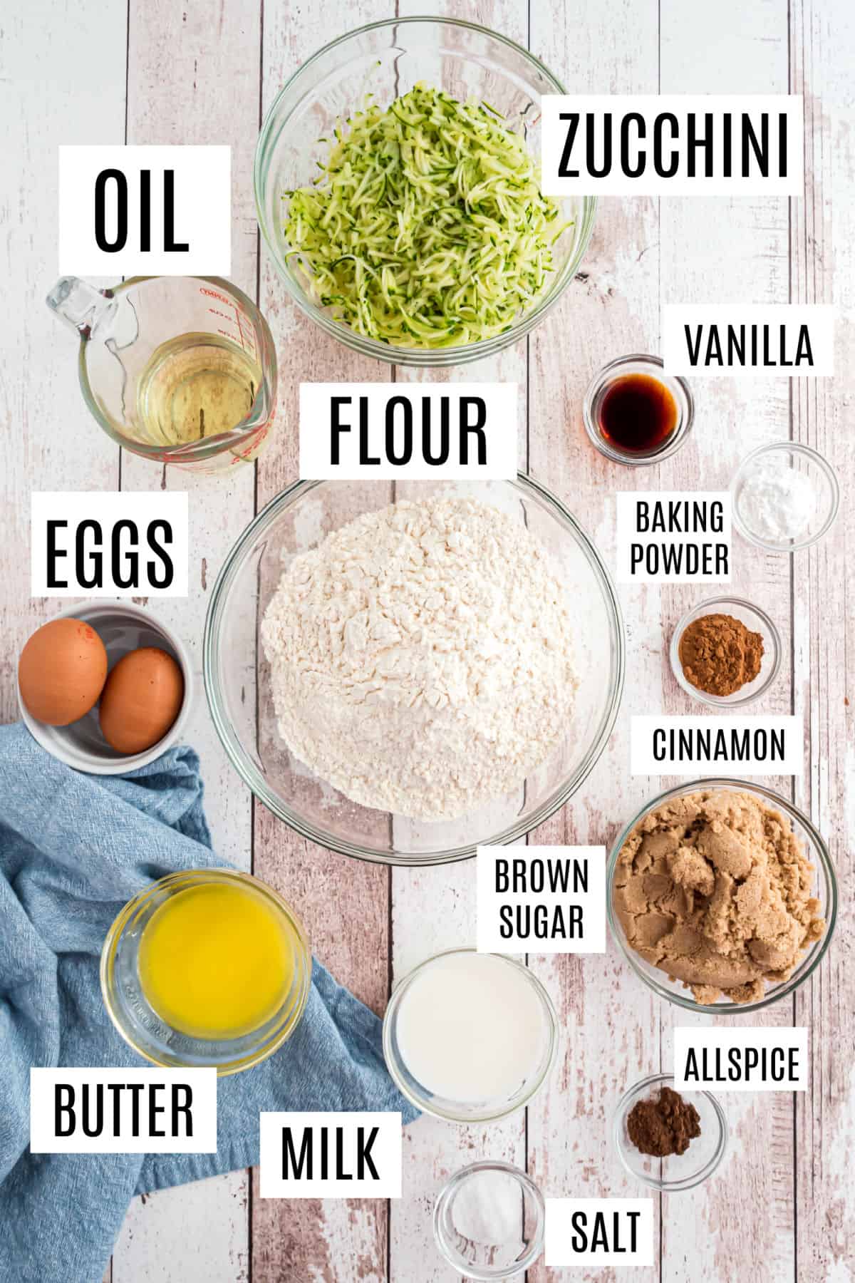 Ingredients needed to make zucchini muffins.