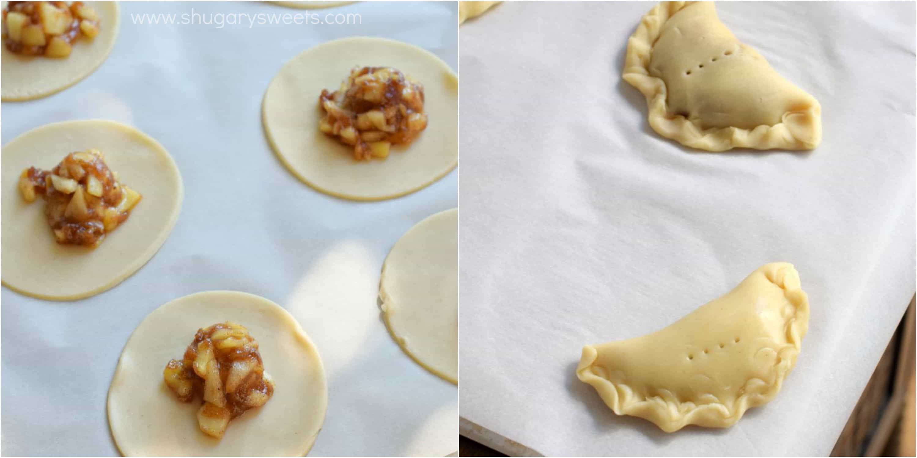 Collage photo with how to fill apple hand pies.