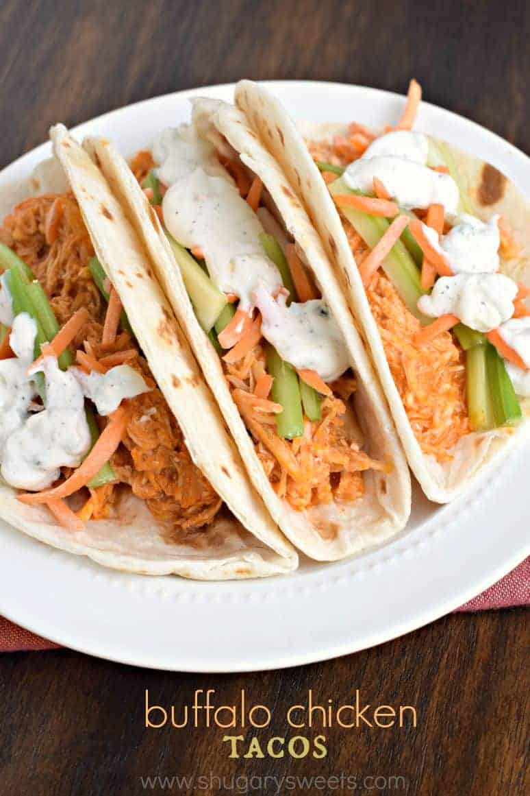 Three flour tortillas filled with buffalo shredded chicken, celery, carrots, and bleu cheese dressing.