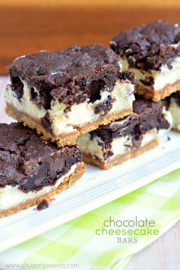 Chocolate Cheesecake Bars: graham cracker crust, creamy vanilla cheesecake and chocolate cookie crunch on top make these the perfect dessert!