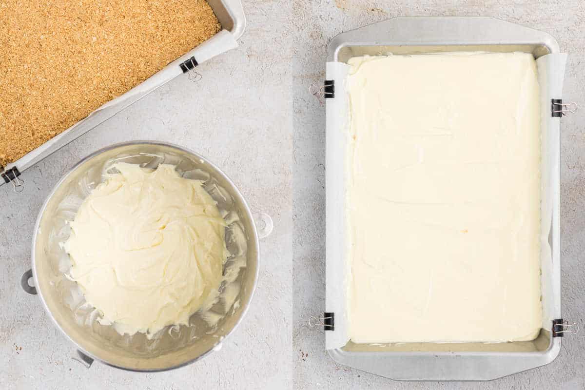 A bowl of cheesecake filling, a pan with graham crust, and a pan with spread chocolate cheesecake bars mixture.
