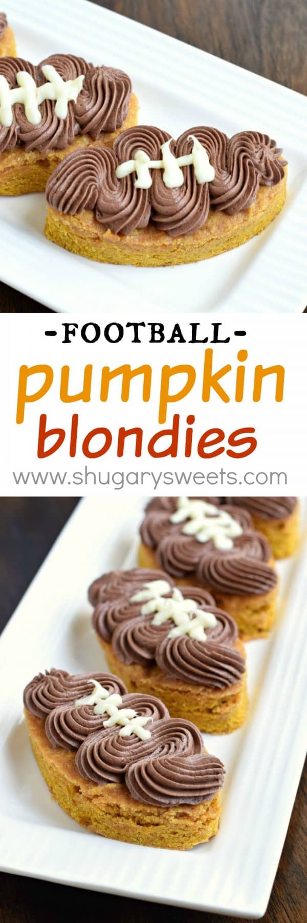 Are you ready for some FOOTBALL?? These Pumpkin Football Blondies are chewy and flavorful, with the perfect amount of chocolate frosting on top!