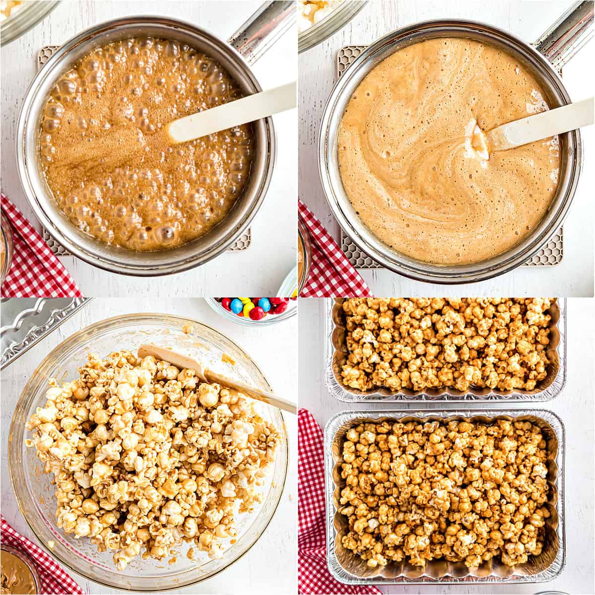 Step by step photos showing how to make caramel corn.