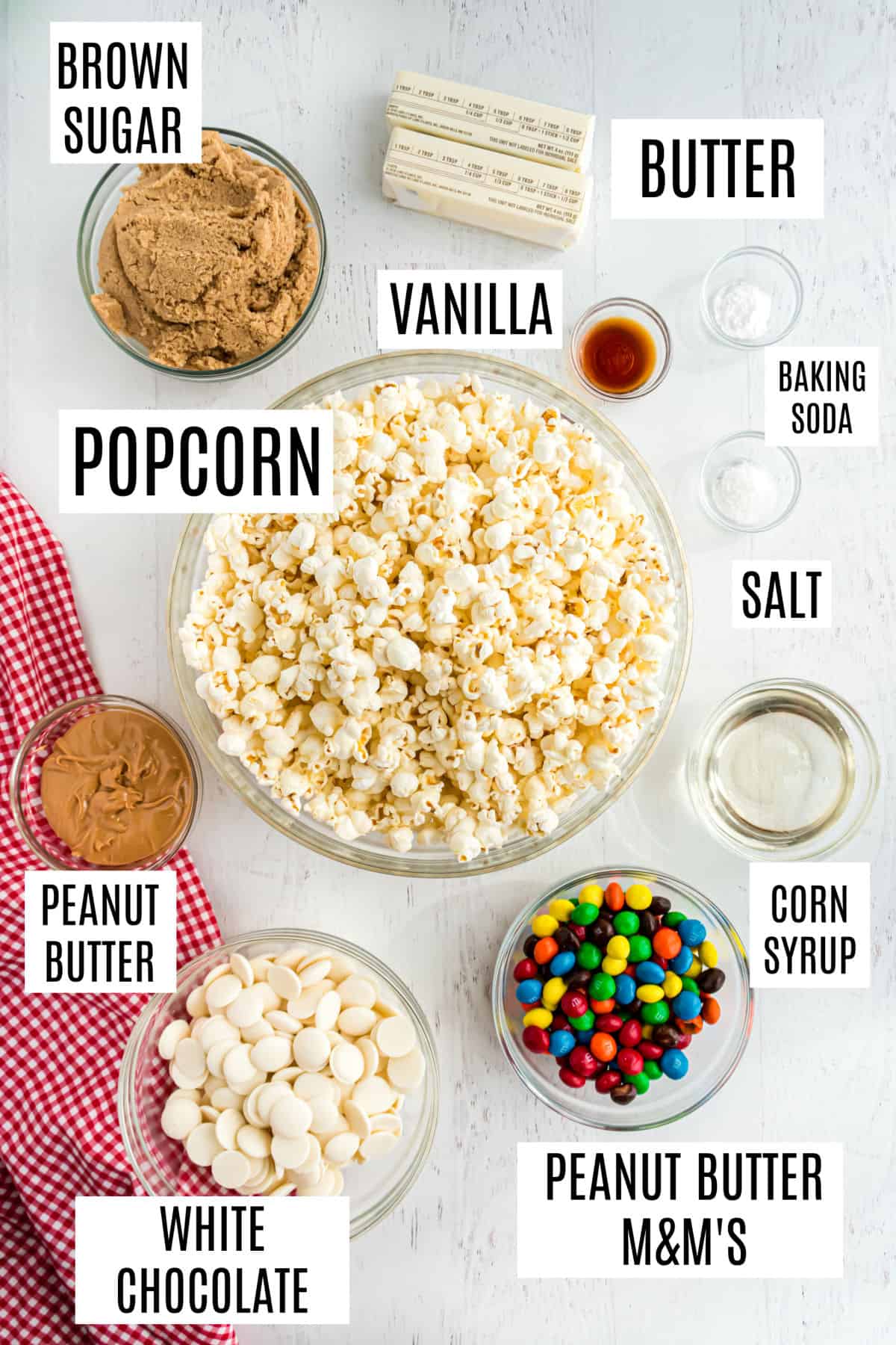 Ingredients needed to make peanut butter caramel corn.