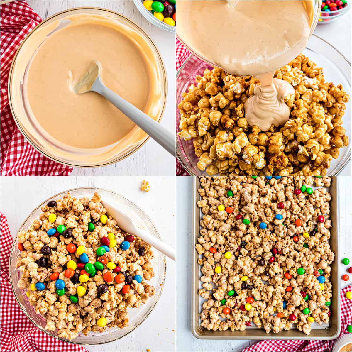 Step by step photos showing how to make peanut butter coating for caramel corn.