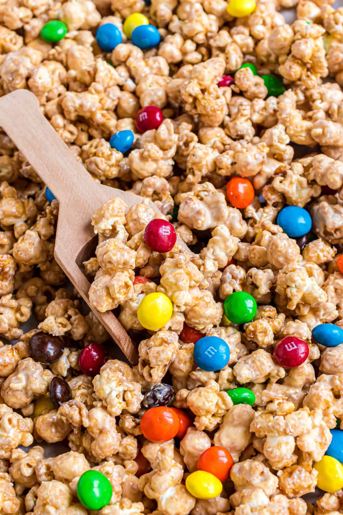 Peanut butter caramel corn with peanut butter M&M's.