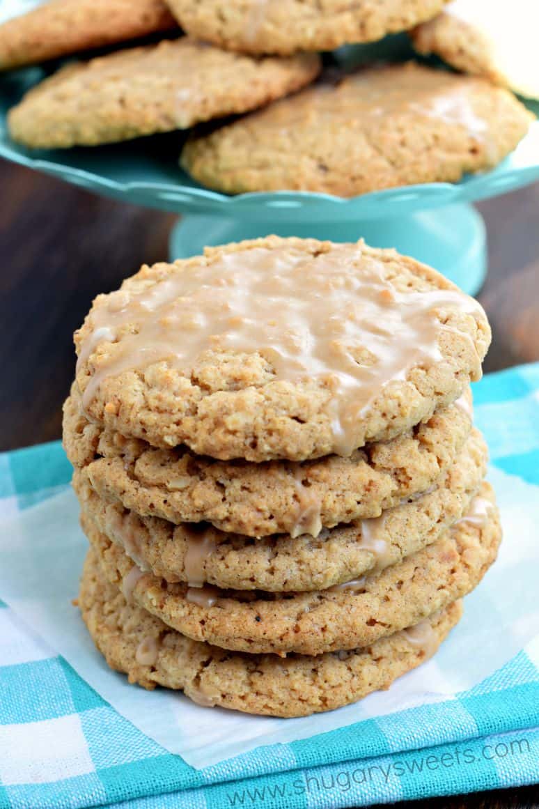Stack of oatmeal cookies with maple icing.