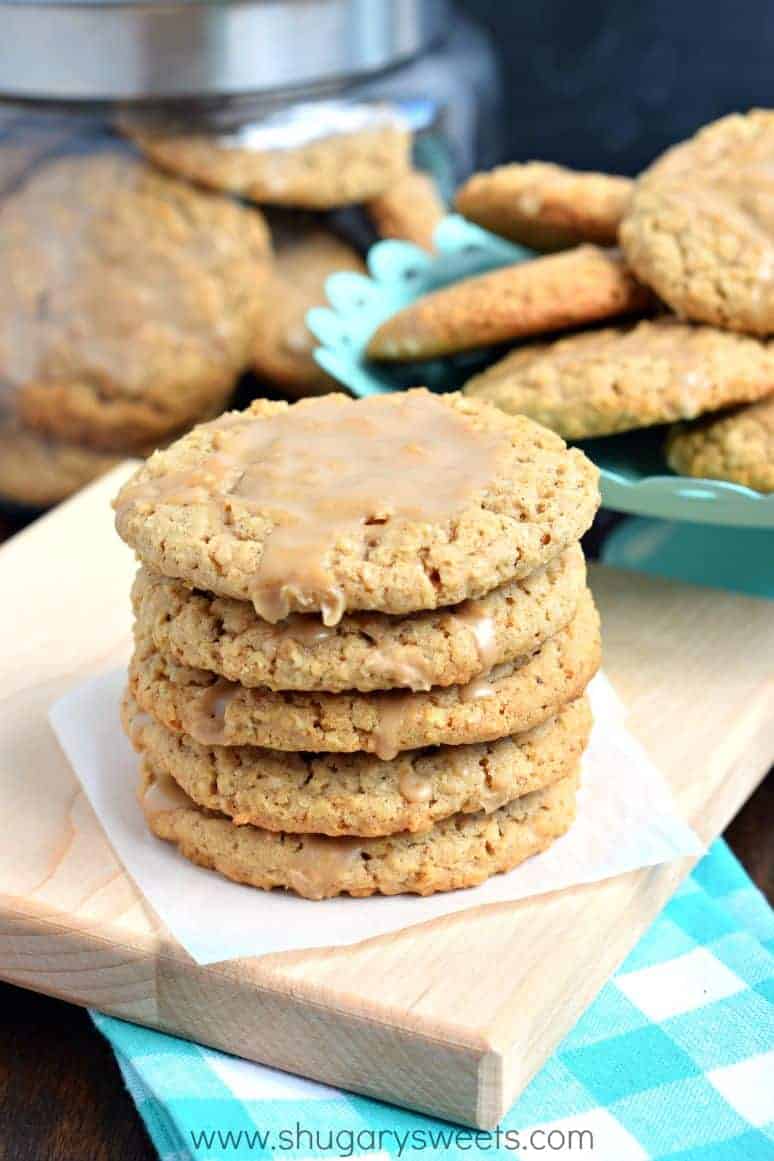 Stack of 5 iced oatmeal cookies with maple icing.