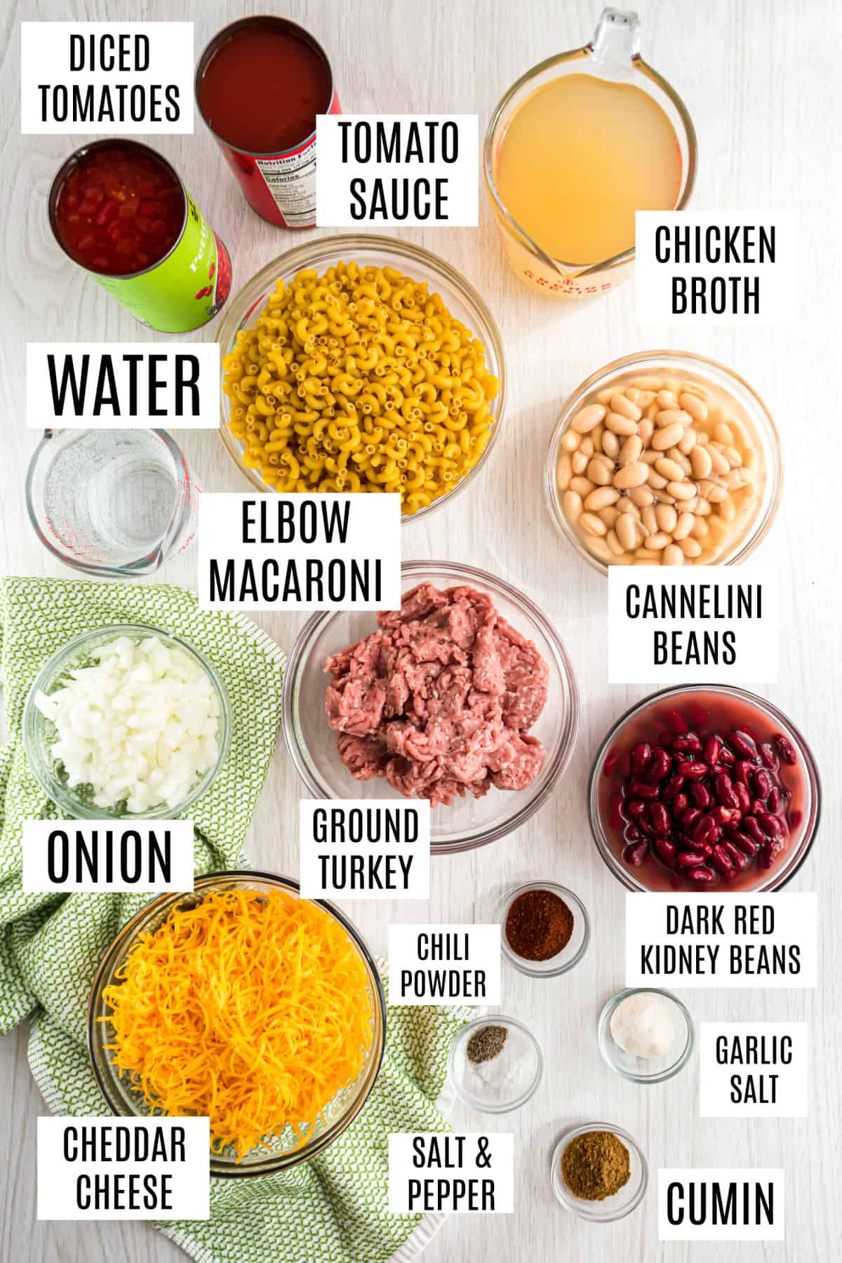 Ingredients needed to make one pot chili mac.