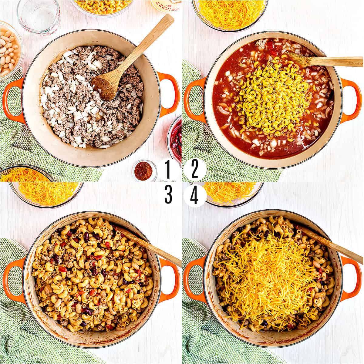 Step by step photos showing how to make one pot chili mac.